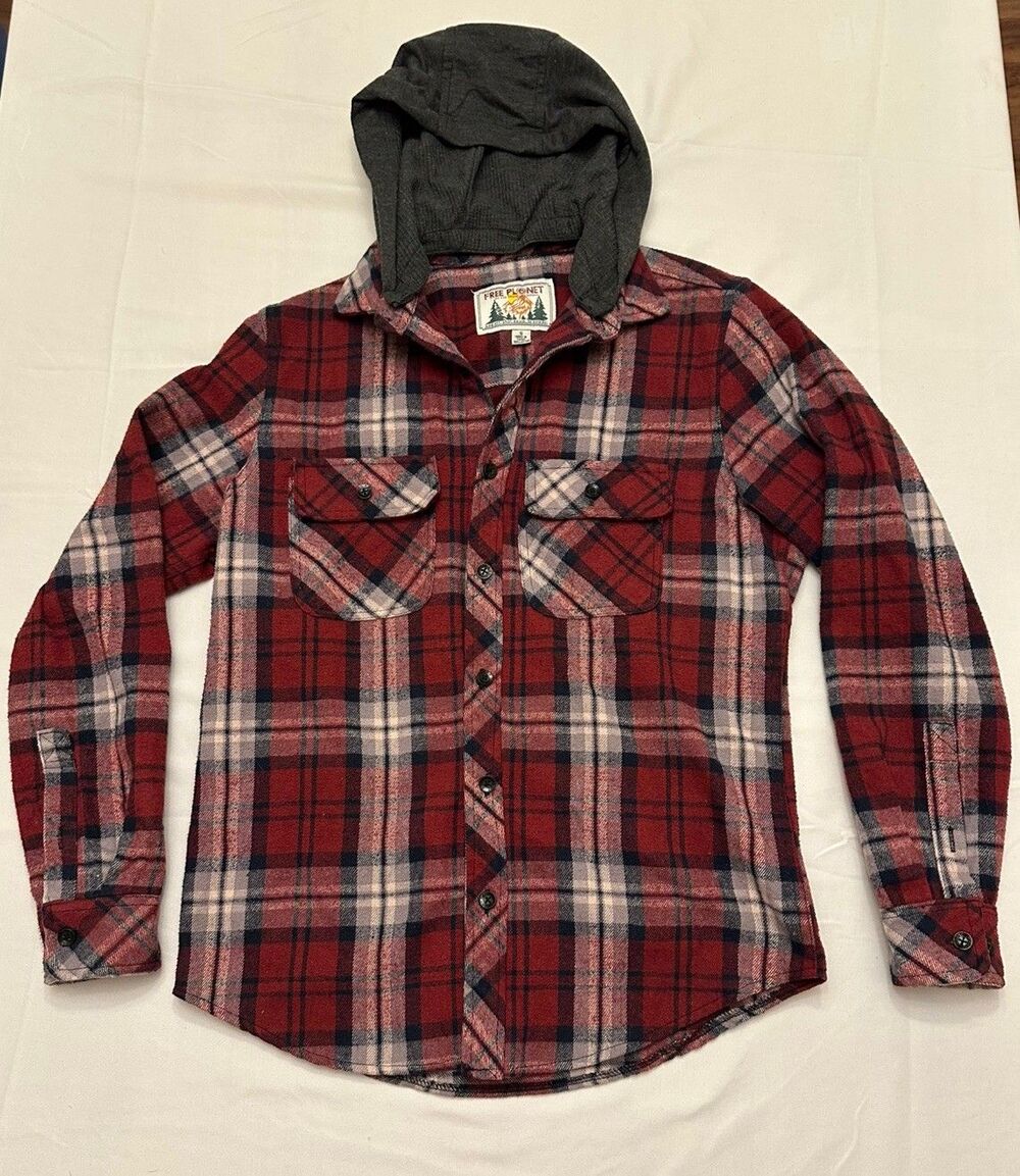 Men's Free Planet Medium 100% Cotton Red White Black Heavy Flannel Hooded